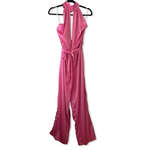 NWT More To Come Janece Keyhole Jumpsuit in Pink halter wide leg toe Revolve XL - Picture 6 of 13